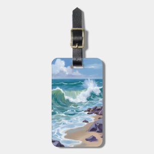 Etiqueta De Bagagem Ondas do Oceano Azul Pintura em Aquarela