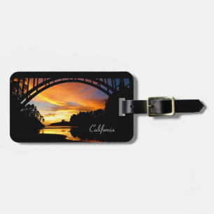 Etiqueta De Bagagem Orange California Costeira Sunset Sob Ponte