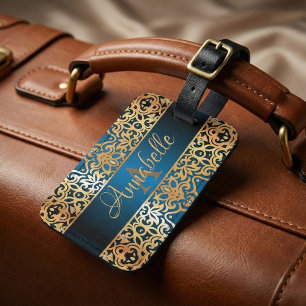 Etiqueta De Bagagem Ornamentado Vintage Brilhante, Dourada E Azul, Cla