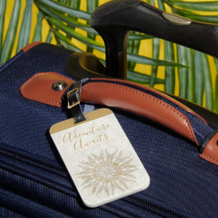 Etiqueta De Bagagem Ouro branco de sunburst mandala estilo orgânico