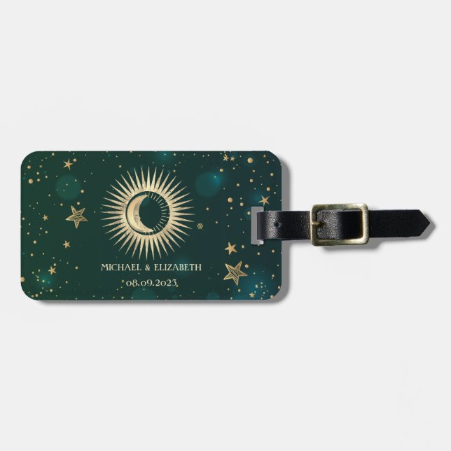 Etiqueta De Bagagem Ouro Celestial Sol E Lua Estrelas Verde (Frente Horizontal)