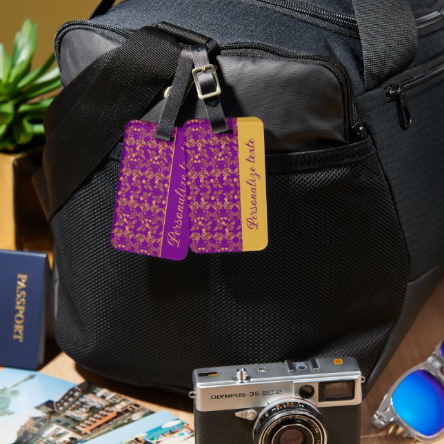 Etiqueta De Bagagem Ouro chic Flores púrpura | personalizado (Frente e verso)
