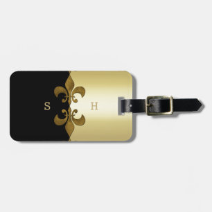 Etiqueta De Bagagem Ouro Fleur-de-lis ouro preto monograma personaliza