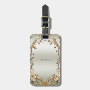 Etiqueta De Bagagem Ouro Ornamentado Branco Flores de Bagagem