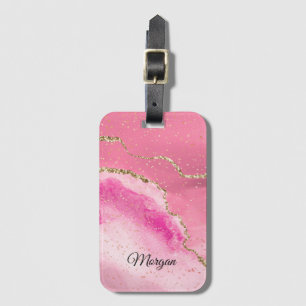 Etiqueta De Bagagem Ouro Rosa Ágata Branca & Estrelas Douradas, Nome D