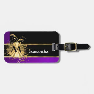 Etiqueta De Bagagem Ouro roxo e monograma preto