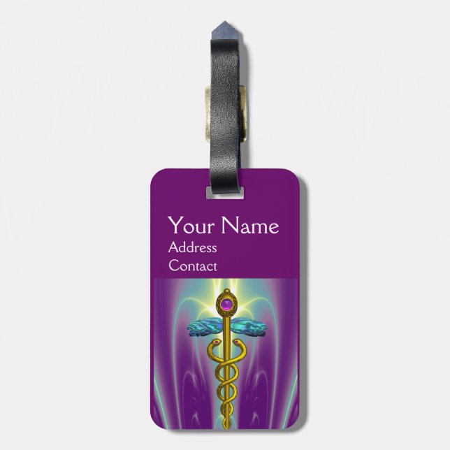 Etiqueta De Bagagem OURO SÍMBOLO DE CADUEUS MONOGRAMA Verde Roxo (Traseira Vertical)