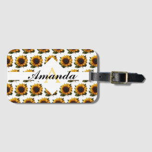 Etiqueta De Bagagem Padrão Amarelo de Girassol Amarelo Monograma