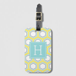 Etiqueta De Bagagem Padrão Amarelo e Aqua Honeycomb Monograma