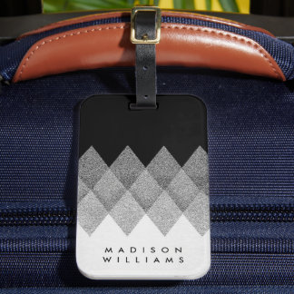 Etiqueta De Bagagem Padrão Argyle Preto e Branco Personalizado