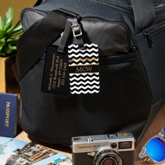 Etiqueta De Bagagem Padrão Chevron exclusivo | Monograma (Frente e verso)