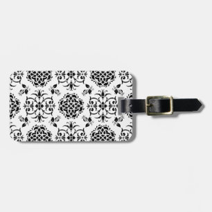 Etiqueta De Bagagem Padrão Damask em estilo vintage preto e branco