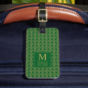 Etiqueta De Bagagem Padrão Damask Seamless Verde Esmeralda e Dourado