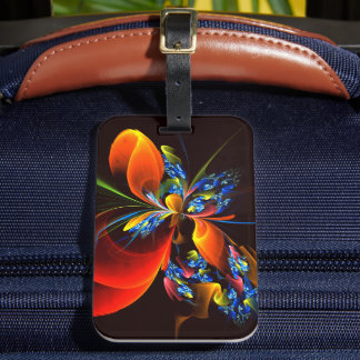 Etiqueta De Bagagem Padrão de Abstrato de Arte Floral Azul Laranja Mod