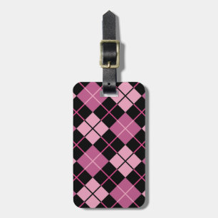 Etiqueta De Bagagem Padrão de Argyle em Preto e Rosa