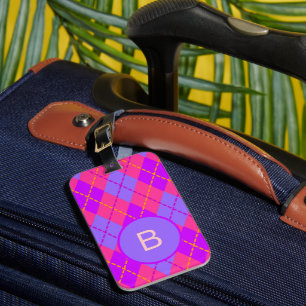Etiqueta De Bagagem Padrão de Argyle Rosa e Azul Brilhante Monograma