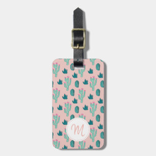 Etiqueta De Bagagem Padrão de Cactus Verde Cor-de-Rosa Bonito com Mon