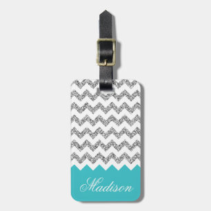 Etiqueta De Bagagem Padrão de Chevron Glitter Azul Turquesa
