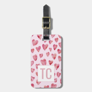 Etiqueta De Bagagem Padrão de Coração de Aquarela Rosa Monogramado
