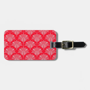 Etiqueta De Bagagem Padrão de Damasco Floral Vermelho e Branco Fofo