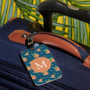 Etiqueta De Bagagem Padrão de Flor de Pêssego Vintage Monograma Azul E