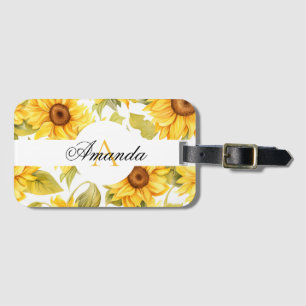 Etiqueta De Bagagem Padrão de Flores Solares Branco e Amarelo