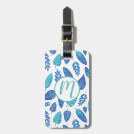 Etiqueta De Bagagem Padrão de Folhas de Aquarela Azul
