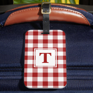 Etiqueta De Bagagem Padrão de Gingham Branco e Vermelho do Monograma M