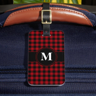 Etiqueta De Bagagem Padrão de Gingham Verificado em Vermelho e Preto 