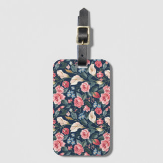 Etiqueta De Bagagem Padrão de Jardim Floral Azul Naval Romântico