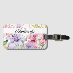 Etiqueta De Bagagem Padrão De Lily Rosa E Púrpura Da Aquarela Monogram
