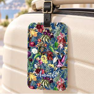 Etiqueta De Bagagem Padrão de monograma azul com folhas de flores fofa