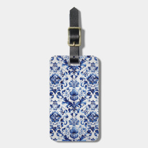 Etiqueta De Bagagem Padrão de ornamento floral do estilo Delft azul e