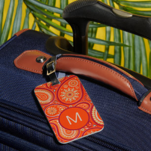 Etiqueta De Bagagem Padrão de Paisley Laranja Rebuscado Monograma