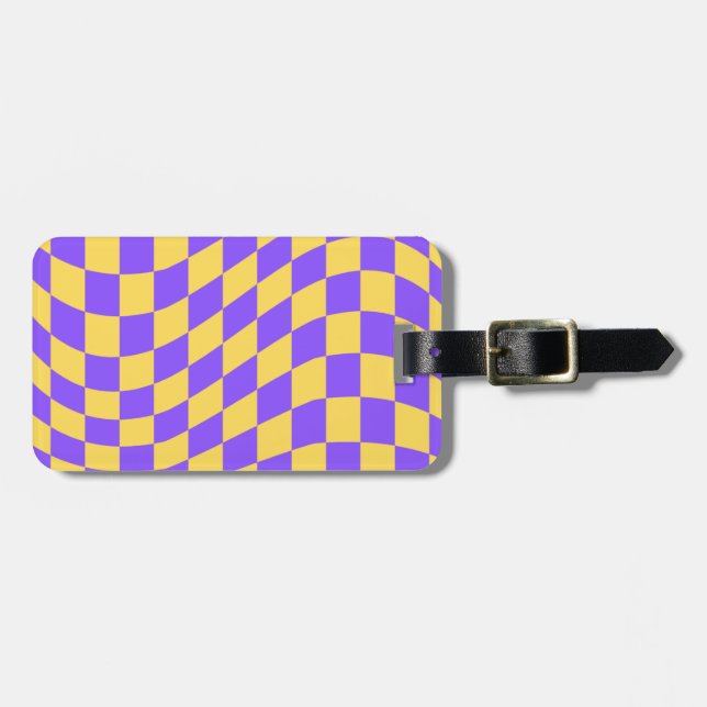 Etiqueta De Bagagem Padrão de Quadro de Verificação Roxo Amarelo (Frente Horizontal)