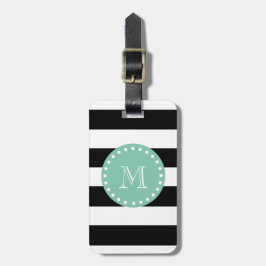 Etiqueta De Bagagem Padrão de Stripes Negras, Monograma Verde Mint