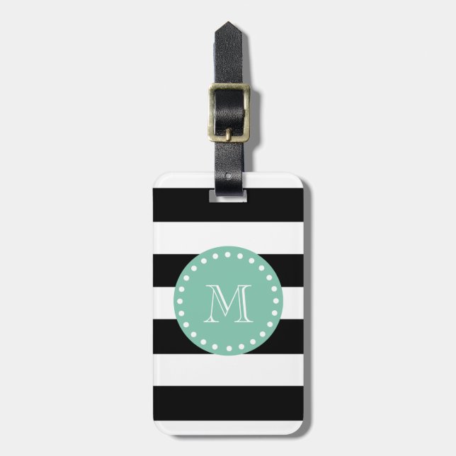 Etiqueta De Bagagem Padrão de Stripes Negras, Monograma Verde Mint (Frente Vertical)
