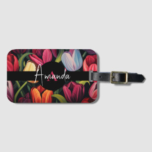 Etiqueta De Bagagem Padrão de Tulipas de Monograma Colorida de Vetor