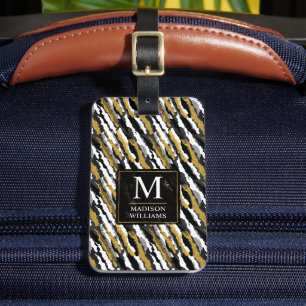 Etiqueta De Bagagem Padrão de Zebra Animal Branco com Brilho Preto e D