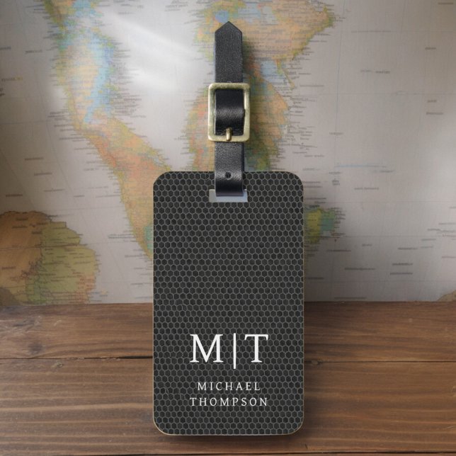 Etiqueta De Bagagem Padrão Elegante Metálico Preto Monograma (Criador carregado)