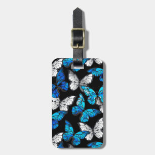 Etiqueta De Bagagem Padrão Escuro Sem Costura com Borboletas Azuis Mor
