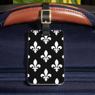 Etiqueta De Bagagem Padrão Flor de Lis, Real Francês, Branco no Preto