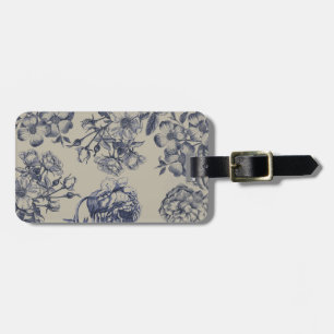 Etiqueta De Bagagem Padrão Floral Botânico Toile Azul Vintage