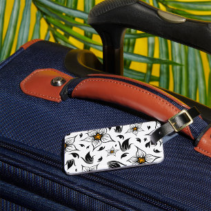 Etiqueta De Bagagem Padrão Floral Branco e Preto Botânico Elegante