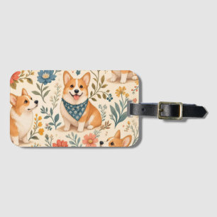 Etiqueta De Bagagem Padrão Floral de Jardim Corgi Fofo