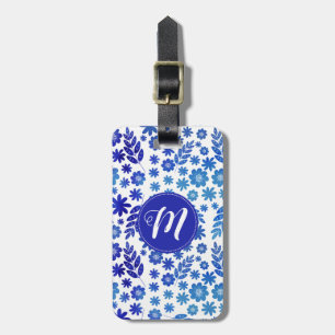 Etiqueta De Bagagem Padrão Floral e Monograma Desenhado à Mão Azul na 