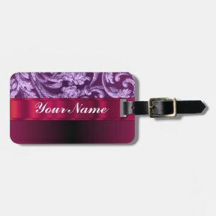 Etiqueta De Bagagem Padrão floral Mauve damask em magenta