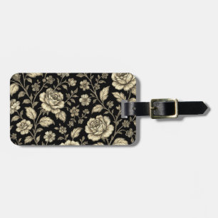 Etiqueta De Bagagem Padrão Floral Rosa Dourada Vintage em Preto