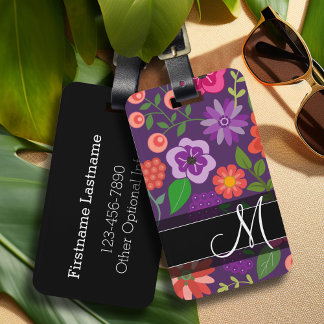 Etiqueta De Bagagem Padrão Floral Trendy Roxo e Monograma Preto