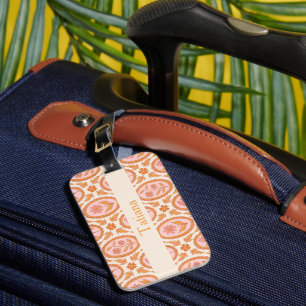Etiqueta De Bagagem Padrão Floral Vintage em Rosa e Laranja